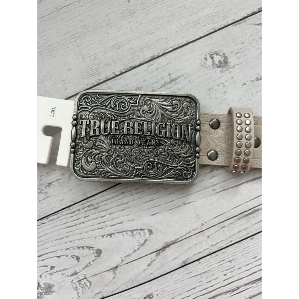 True Religion Womens Embossed Western‎ Studded Belt Cream Silver Buckle L/XL NEW
